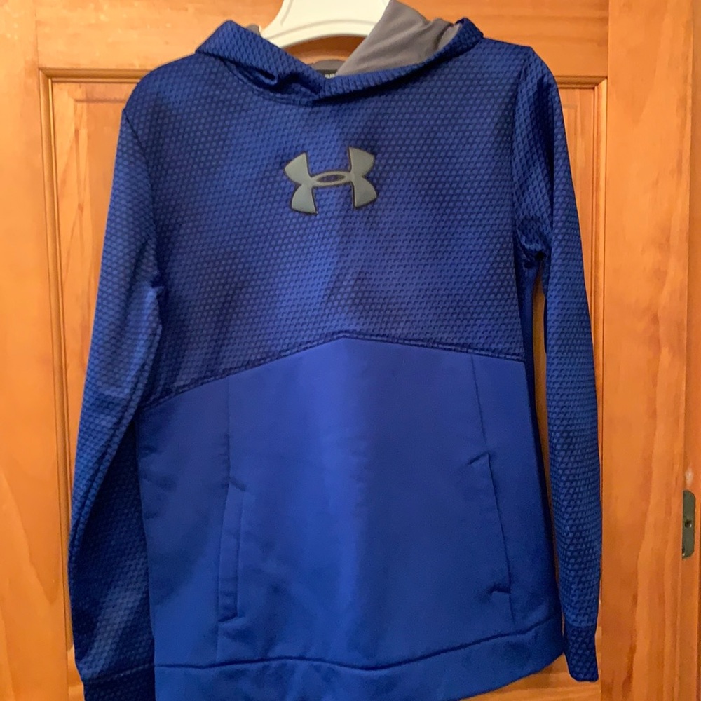 UA hoodie, blue, black and grey